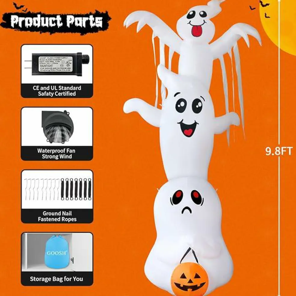 GOOSH 9.8 FT High Halloween Inflatable Overlap Ghost with Built-in LEDs (Three Ghosts)