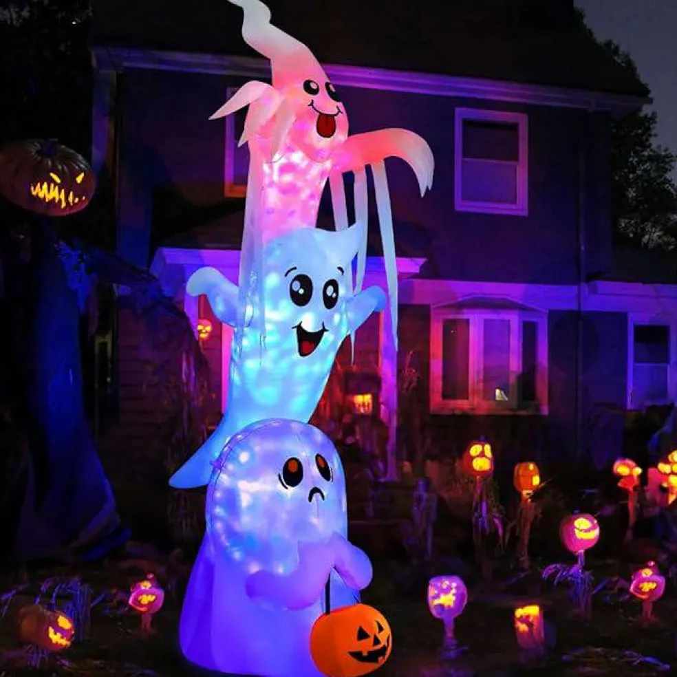 GOOSH 9.8 FT High Halloween Inflatable Overlap Ghost with Built-in LEDs (Three Ghosts)