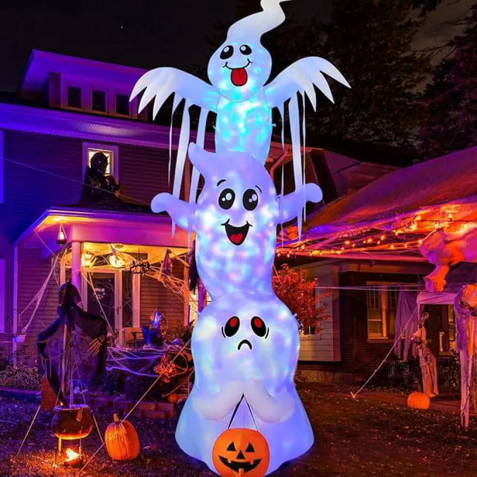 GOOSH 9.8 FT High Halloween Inflatable Overlap Ghost with Built-in LEDs (Three Ghosts)