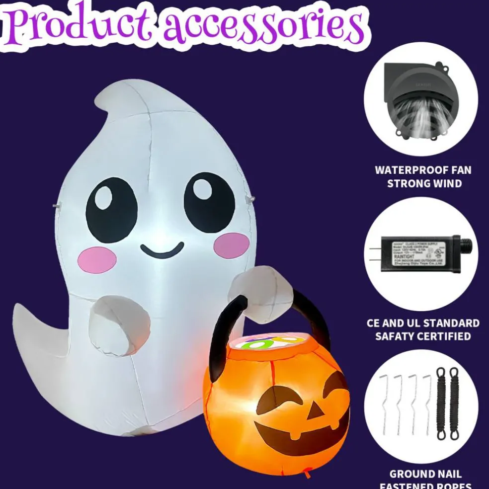 GOOSH 5FT Inflatable Cute Ghost with Pumpkin Bucket – Light-Up Halloween Yard Decoration