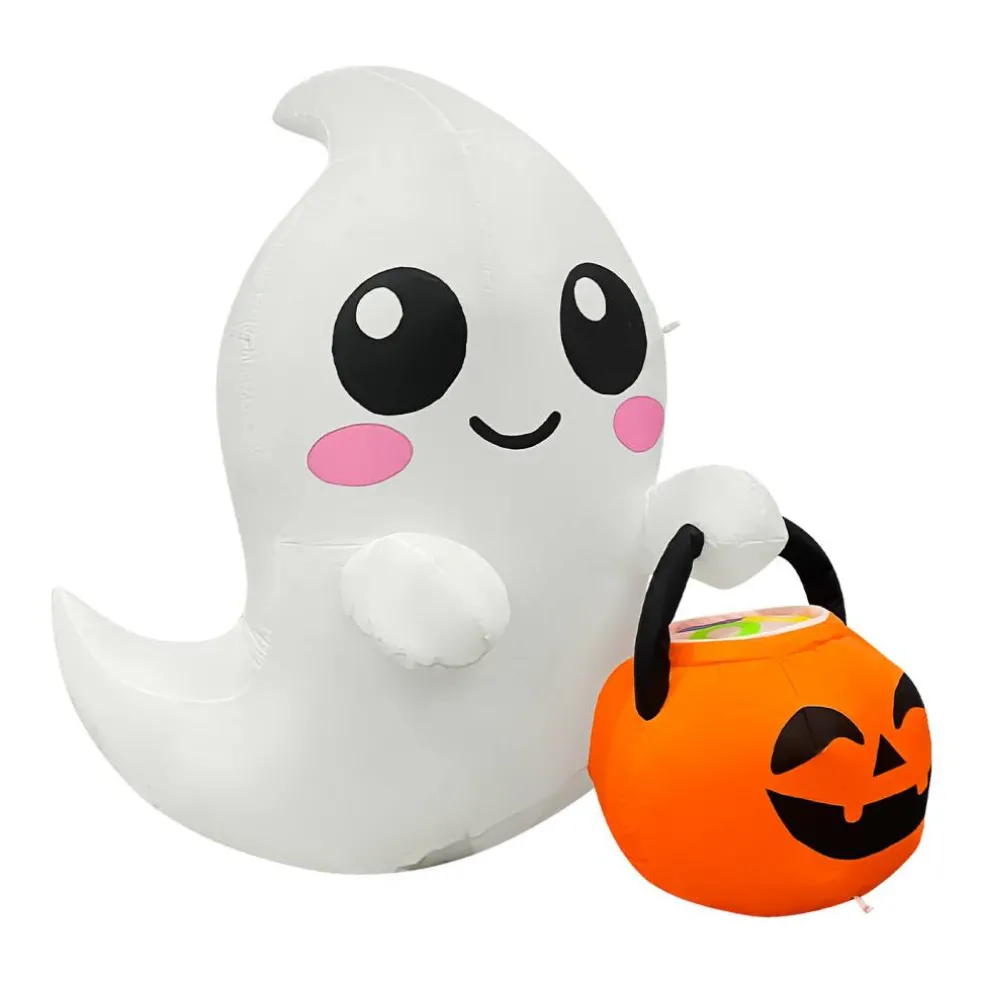 GOOSH 5FT Inflatable Cute Ghost with Pumpkin Bucket – Light-Up Halloween Yard Decoration