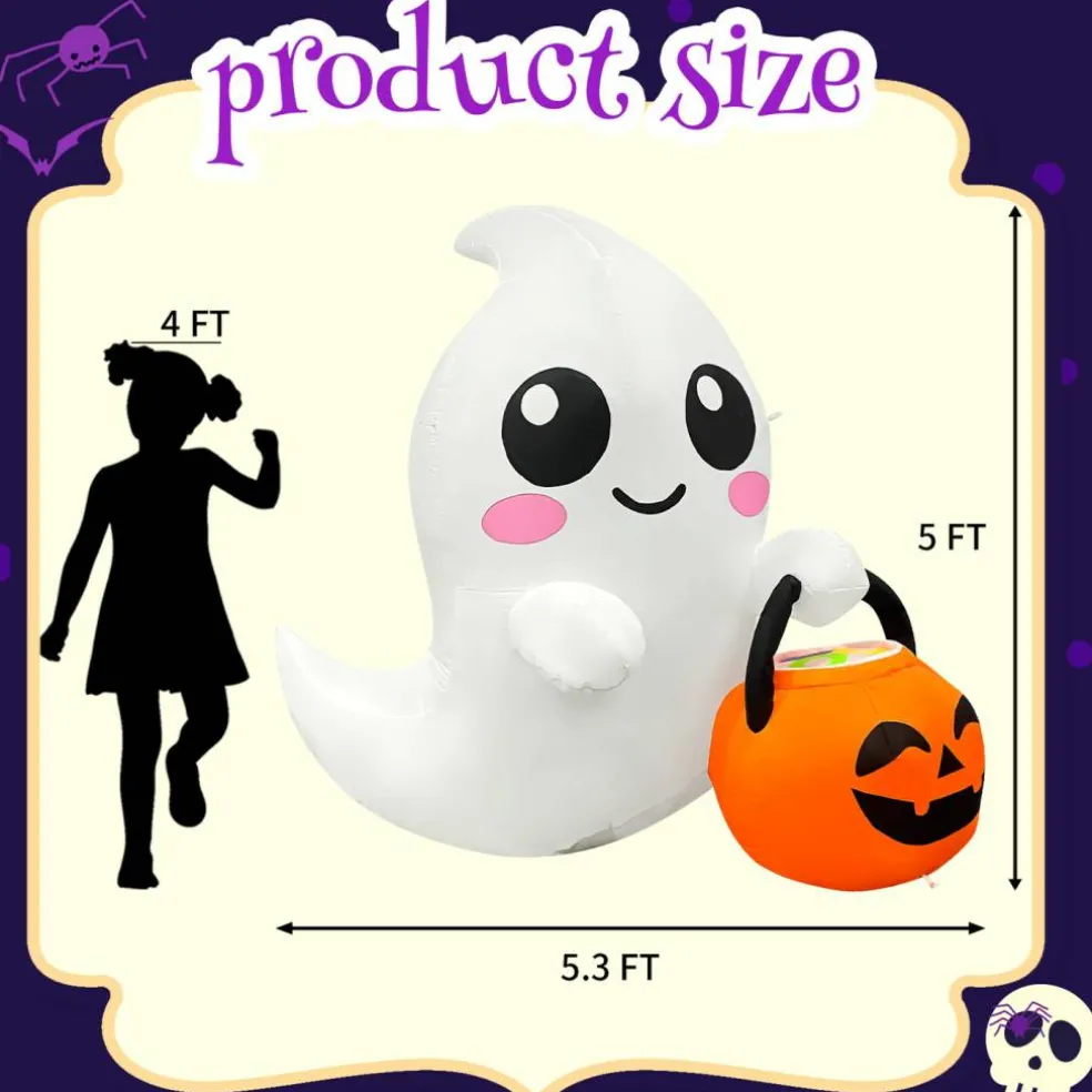 GOOSH 5FT Inflatable Cute Ghost with Pumpkin Bucket – Light-Up Halloween Yard Decoration