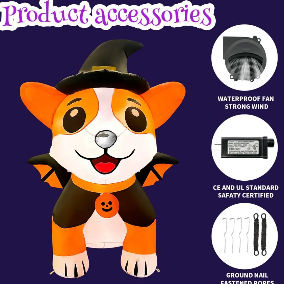 GOOSH 5.2FT Inflatable Halloween Dog with Witch Hat and Cape – Light-Up Yard Decoration