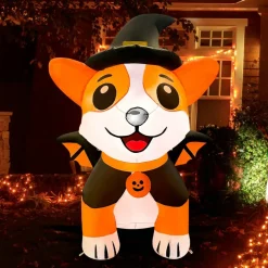 GOOSH 5.2FT Inflatable Halloween Dog with Witch Hat and Cape – Light-Up Yard Decoration