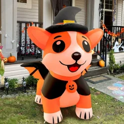 GOOSH 5.2FT Inflatable Halloween Dog with Witch Hat and Cape – Light-Up Yard Decoration