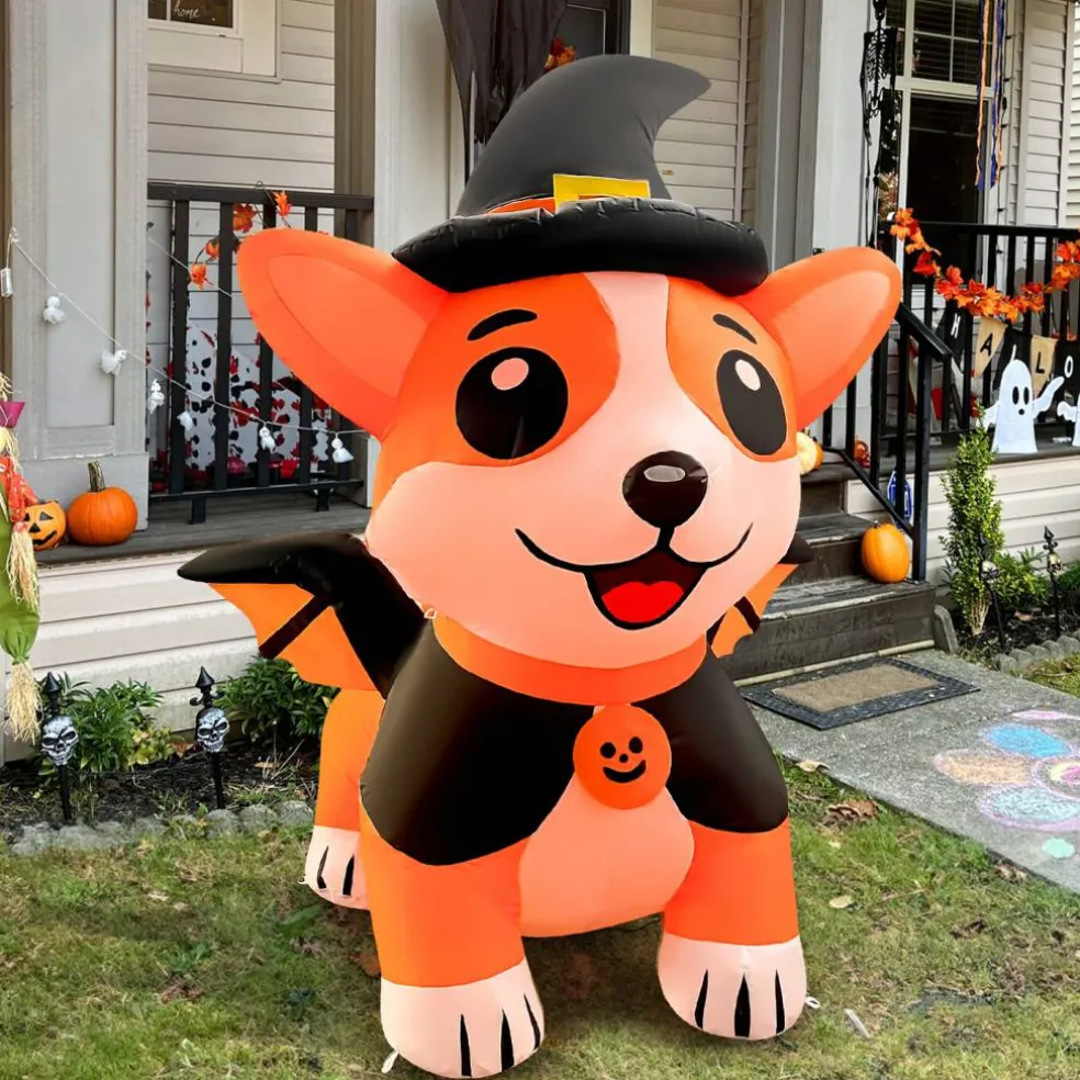 GOOSH 5.2FT Inflatable Halloween Dog with Witch Hat and Cape – Light-Up Yard Decoration