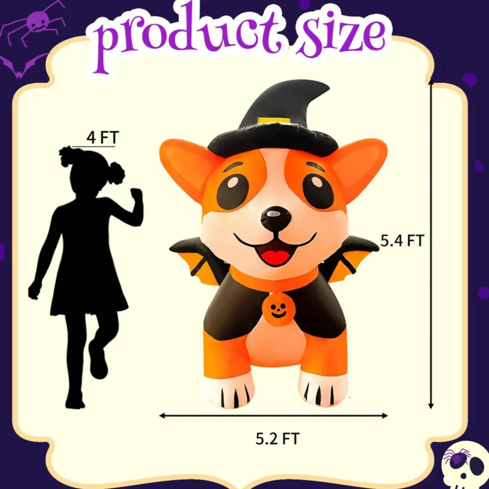 GOOSH 5.2FT Inflatable Halloween Dog with Witch Hat and Cape – Light-Up Yard Decoration