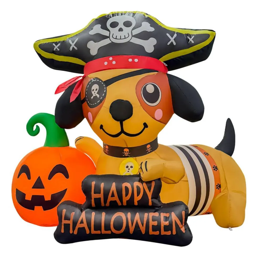 GOOSH 5FT Inflatable Pirate Dog with Pumpkin – Light-Up Happy Halloween Yard Decoration
