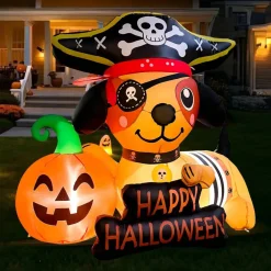 GOOSH 5FT Inflatable Pirate Dog with Pumpkin – Light-Up Happy Halloween Yard Decoration