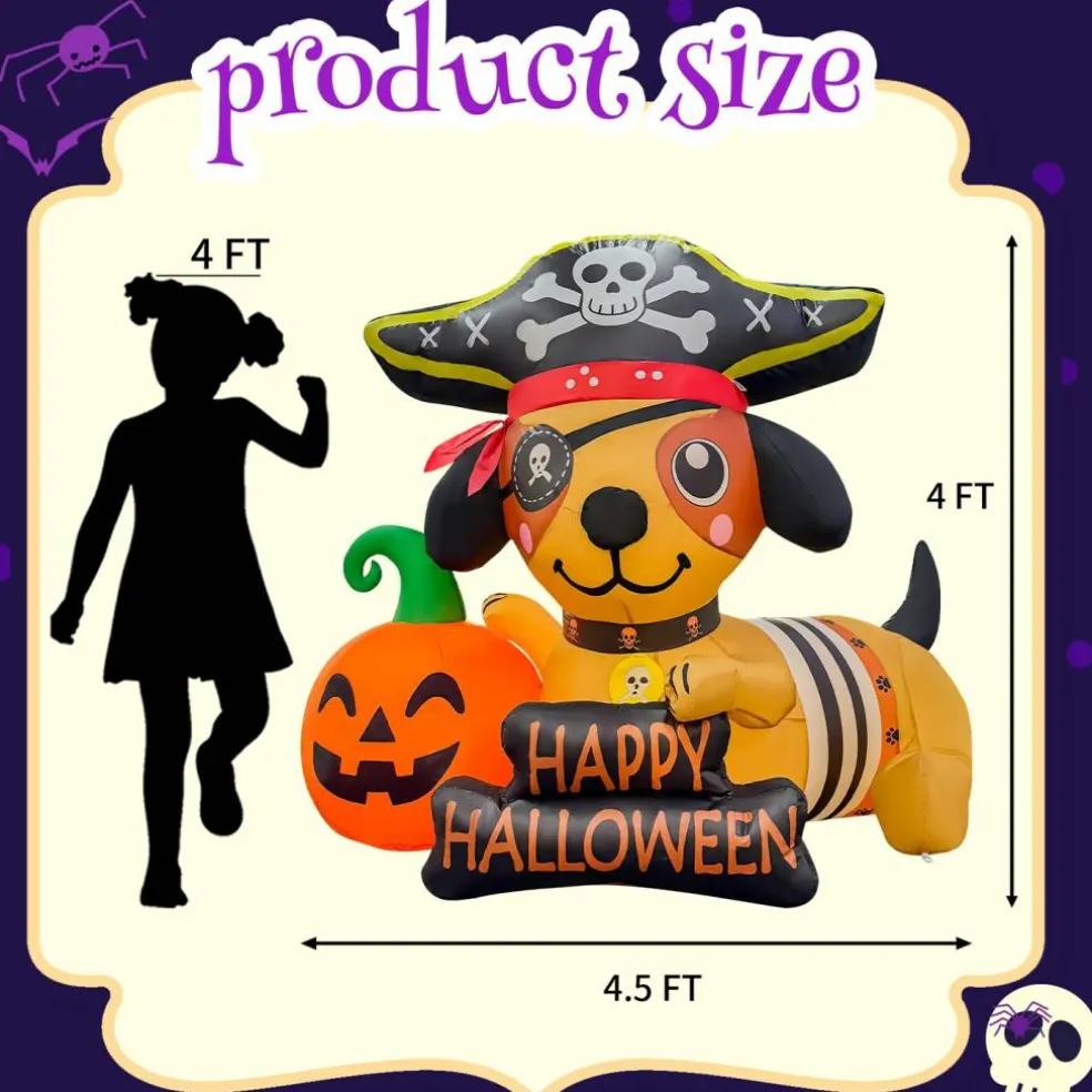 GOOSH 5FT Inflatable Pirate Dog with Pumpkin – Light-Up Happy Halloween Yard Decoration