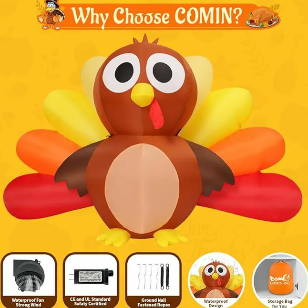 GOOSH 6.7 FT Long Thanksgiving Inflatables Turkey Baby with Built-in LEDs