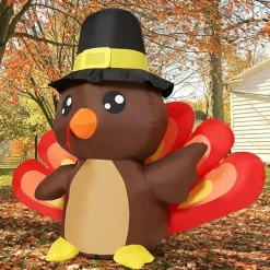 GOOSH 4FT Tall Thanksgiving Inflatables Turkey Baby in Hat with Built-in LEDs
