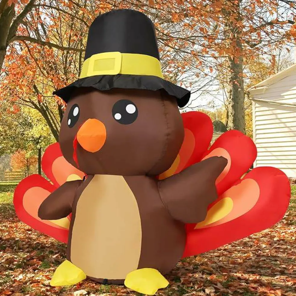GOOSH 4FT Tall Thanksgiving Inflatables Turkey Baby in Hat with Built-in LEDs