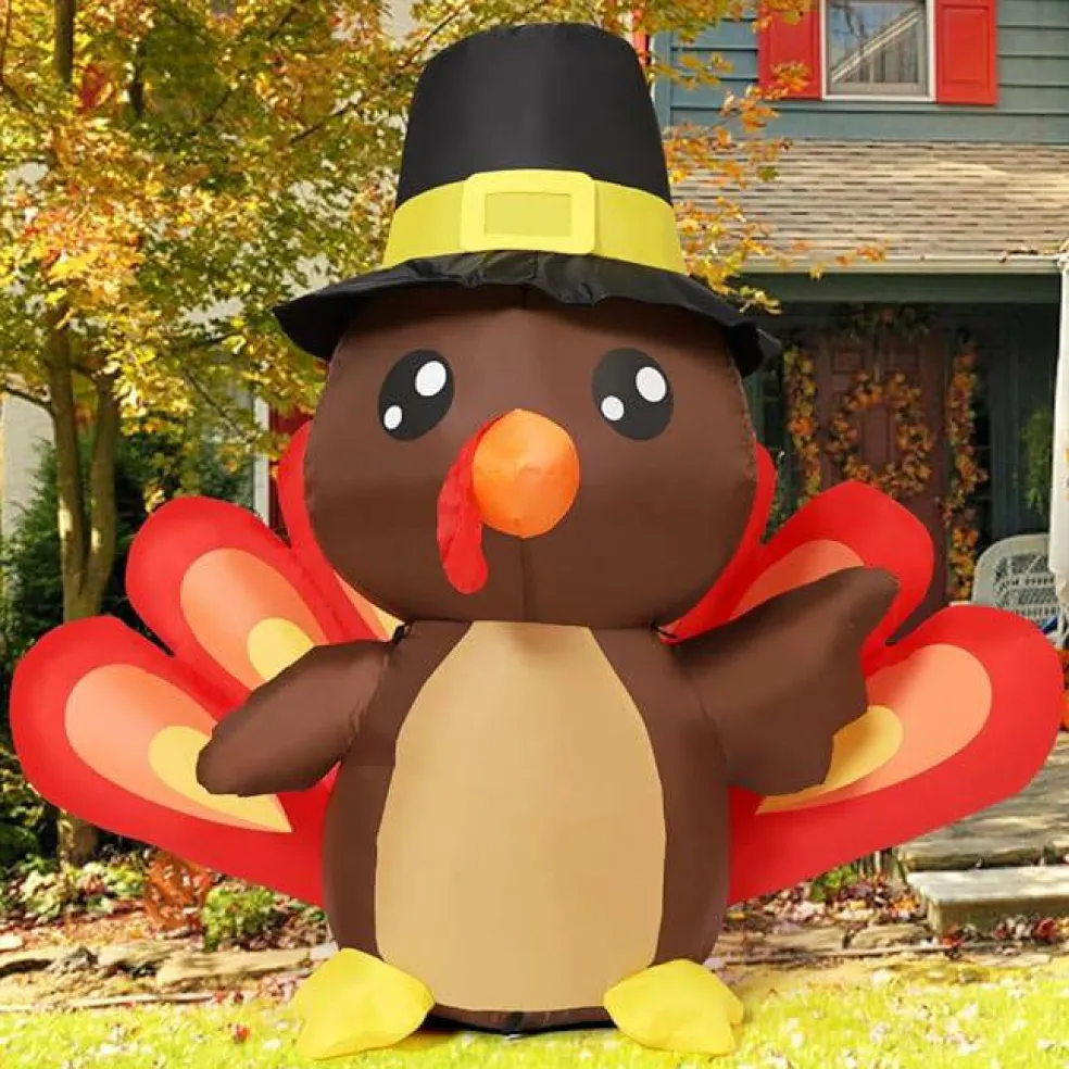 GOOSH 4FT Tall Thanksgiving Inflatables Turkey Baby in Hat with Built-in LEDs