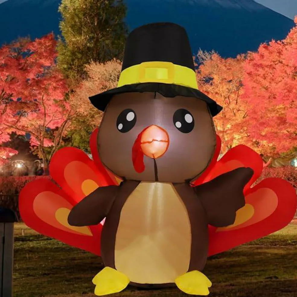 GOOSH 4FT Tall Thanksgiving Inflatables Turkey Baby in Hat with Built-in LEDs