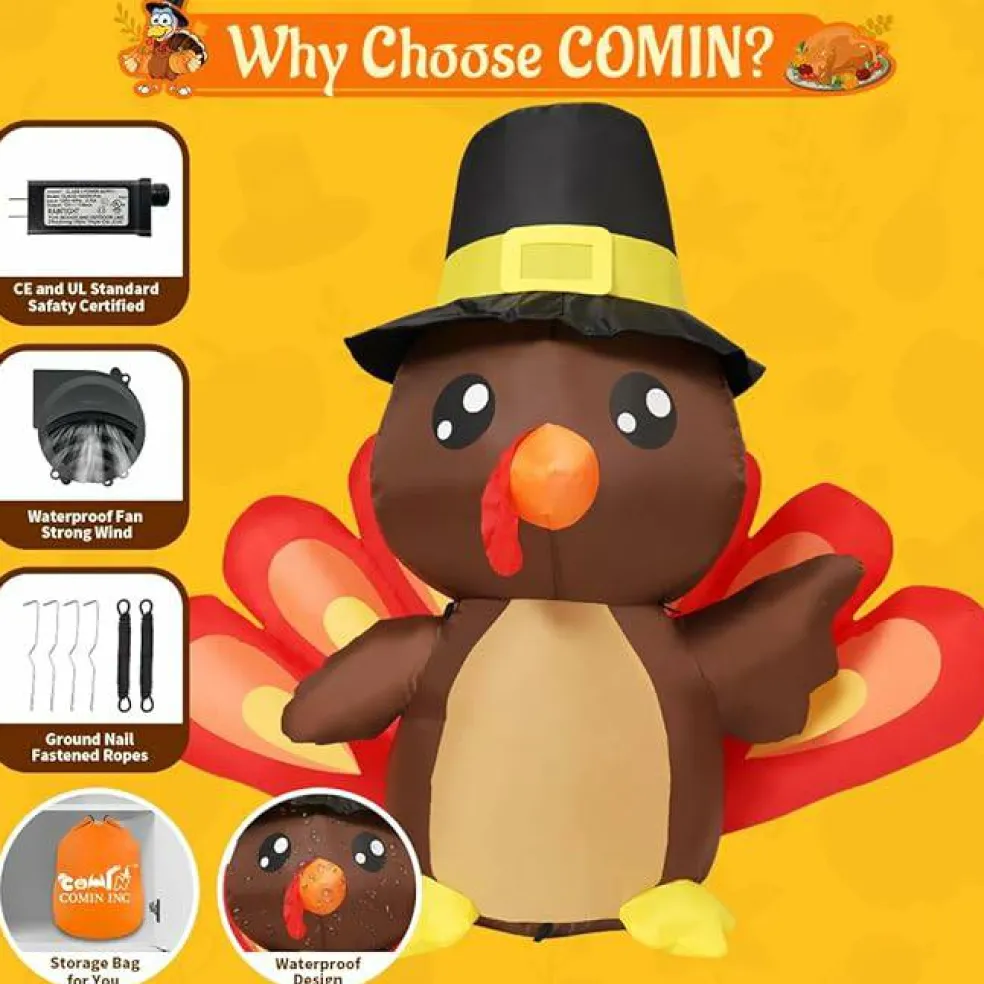 GOOSH 4FT Tall Thanksgiving Inflatables Turkey Baby in Hat with Built-in LEDs
