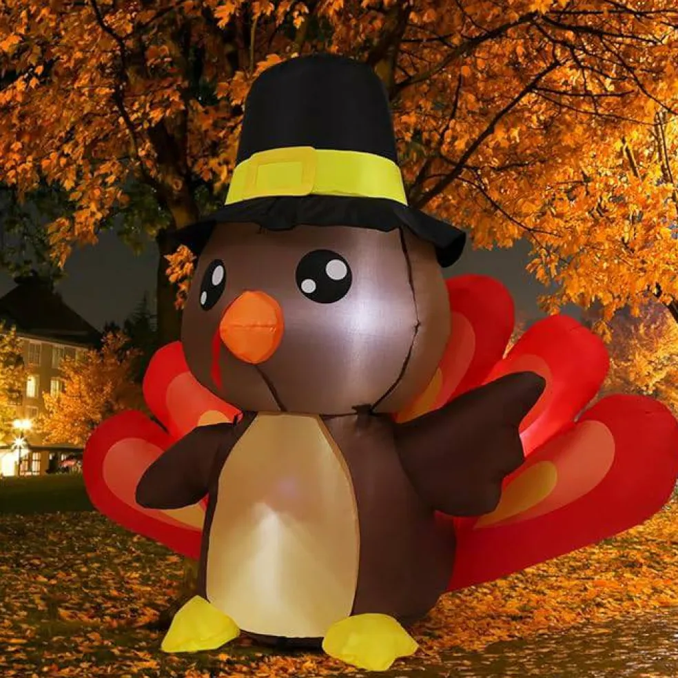 GOOSH 4FT Tall Thanksgiving Inflatables Turkey Baby in Hat with Built-in LEDs