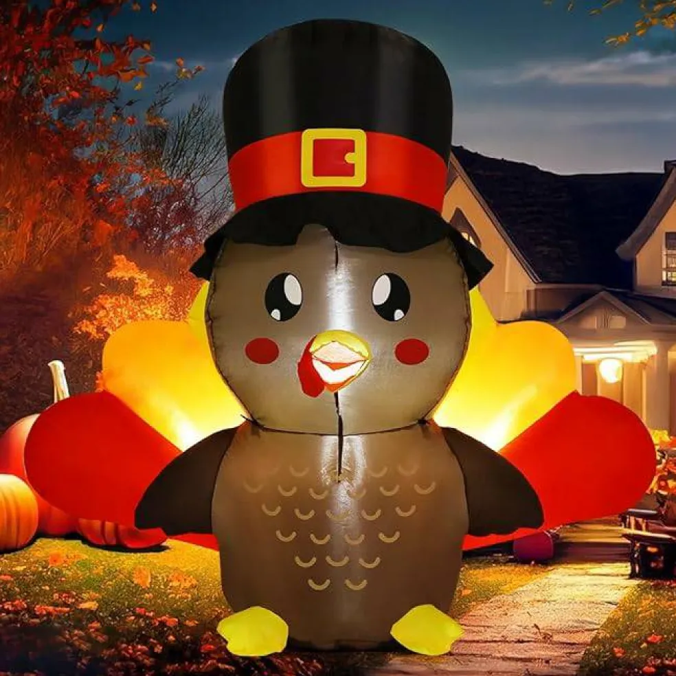 GOOSH 5 FT Tall Thanksgiving Inflatables Turkey Baby in Hat with Built-in LEDs