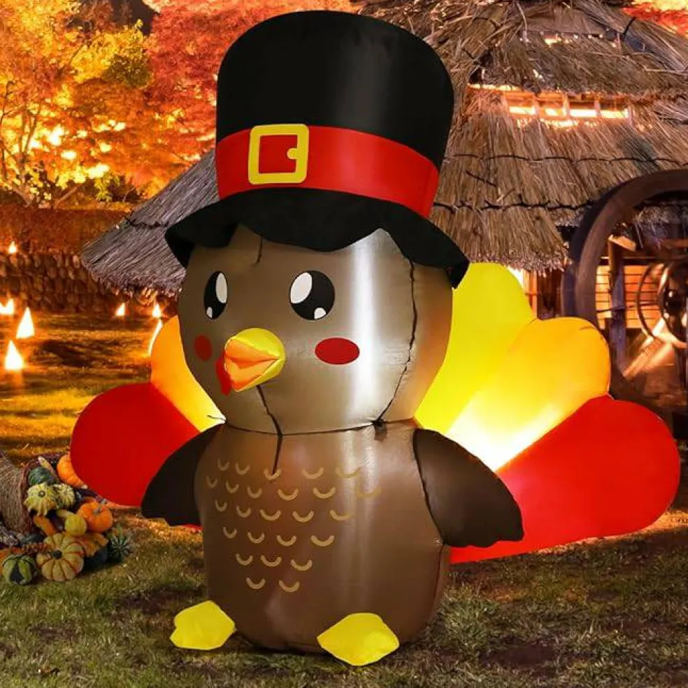 GOOSH 5 FT Tall Thanksgiving Inflatables Turkey Baby in Hat with Built-in LEDs