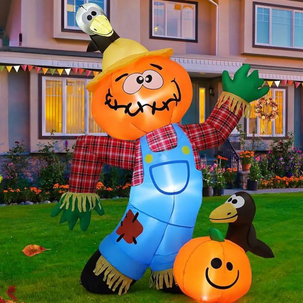 GOOSH 6 FT Thanksgiving Inflatable Decorations Crow Fall Harvest Pumpkin Scarecrow with Built-in LED Lights