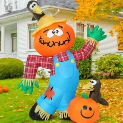 GOOSH 6 FT Thanksgiving Inflatable Decorations Crow Fall Harvest Pumpkin Scarecrow with Built-in LED Lights