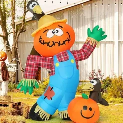 GOOSH 6 FT Thanksgiving Inflatable Decorations Crow Fall Harvest Pumpkin Scarecrow with Built-in LED Lights