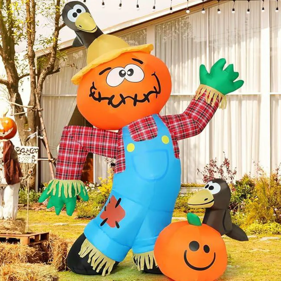 GOOSH 6 FT Thanksgiving Inflatable Decorations Crow Fall Harvest Pumpkin Scarecrow with Built-in LED Lights