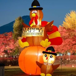 GOOSH 6 FT Thanksgiving Inflatables Turkey Blow Up Yard Turkey on Pumpkin with Turkey Baby with Built-in LEDs