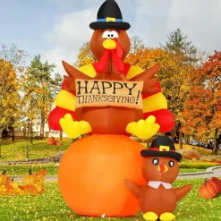 GOOSH 6 FT Thanksgiving Inflatables Turkey Blow Up Yard Turkey on Pumpkin with Turkey Baby with Built-in LEDs