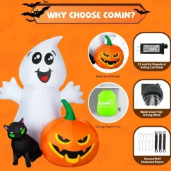 GOOSH Halloween Inflatable 5FT Ghost with Black Cat and Pumpkin with Built-in LEDs