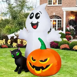 GOOSH Halloween Inflatable 5FT Ghost with Black Cat and Pumpkin with Built-in LEDs