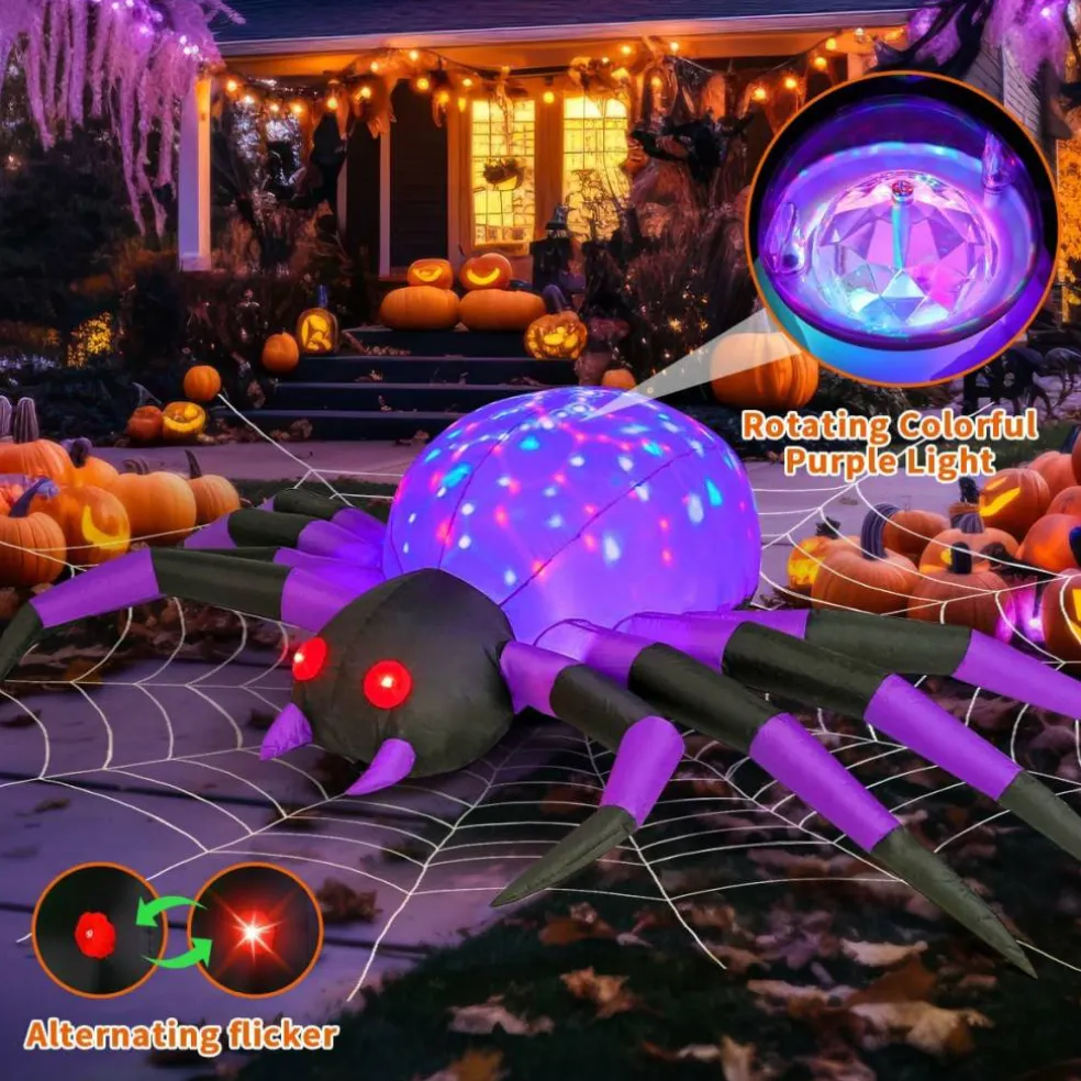 GOOSH Halloween Inflatables Outdoor Decorations, 9 FT Width Purple Spider-with LED Lights
