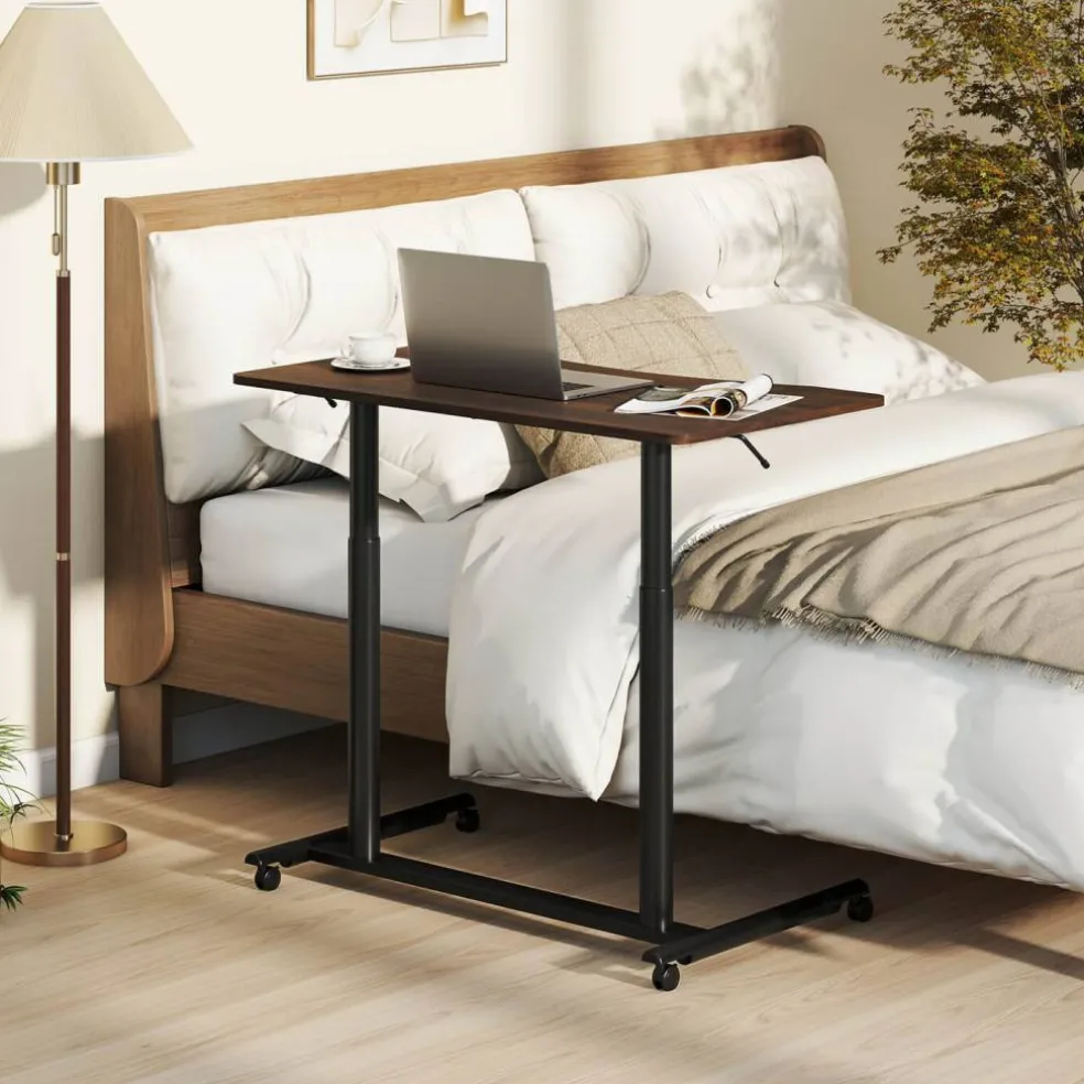 Goplus Height Adjustable Computer Desk Sit Stand Rolling Notebook Table NaturalBrownBlack