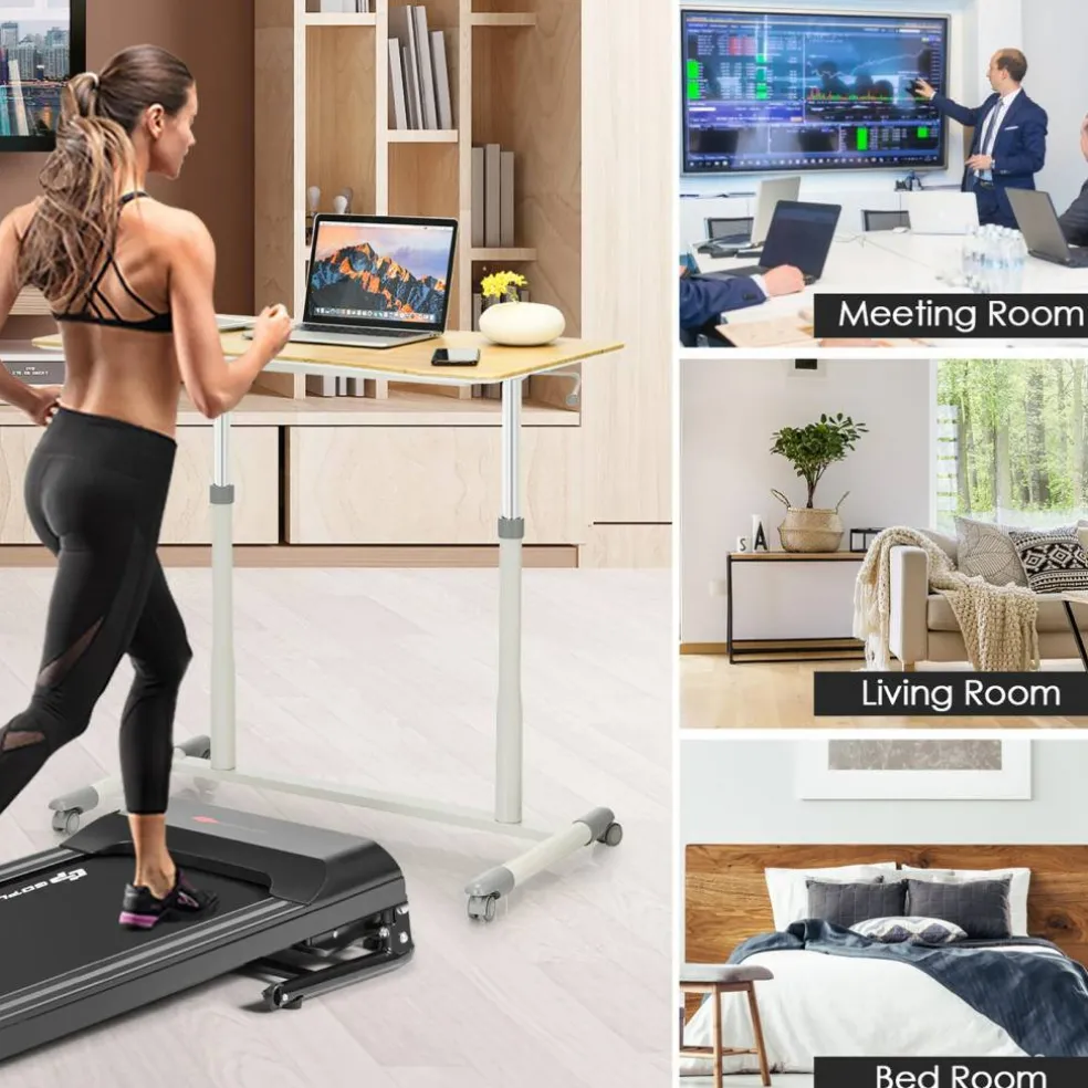 Goplus Height Adjustable Computer Desk Sit Stand Rolling Notebook Table NaturalBrownBlack