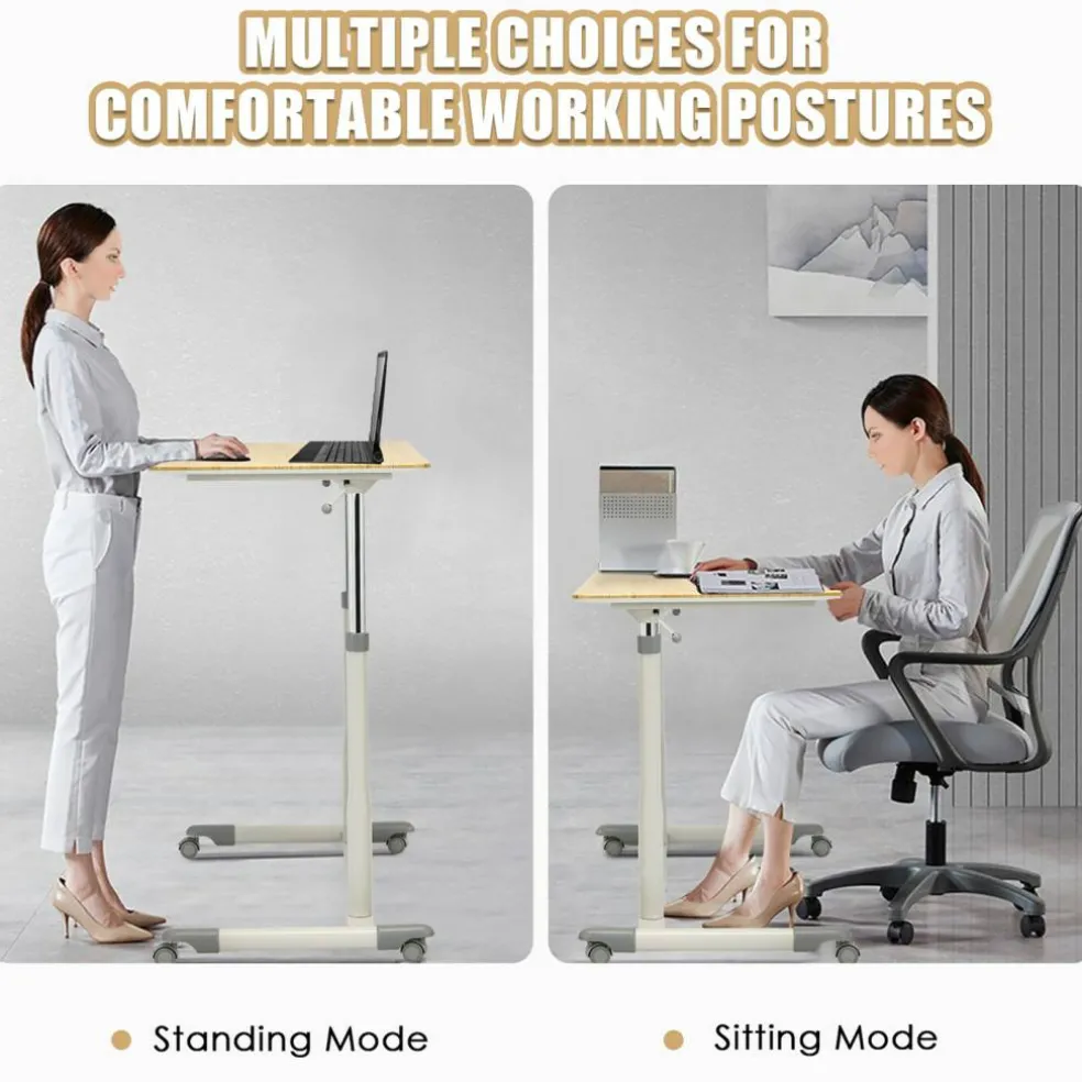 Goplus Height Adjustable Computer Desk Sit Stand Rolling Notebook Table NaturalBrownBlack