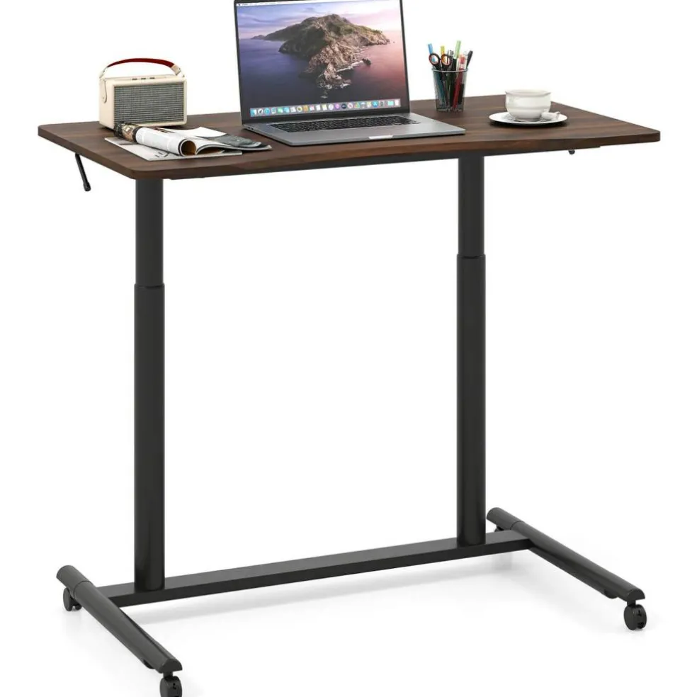 Goplus Height Adjustable Computer Desk Sit Stand Rolling Notebook Table NaturalBrownBlack