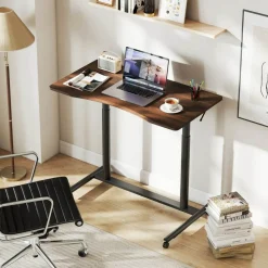 Goplus Height Adjustable Computer Desk Sit Stand Rolling Notebook Table NaturalBrownBlack
