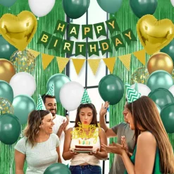 Green Birthday Decorations,Happy Birthday Banner Emerald Green and Gold Balloons Fringe Curtain Heart Foil Balloons for Women Men Party Decor