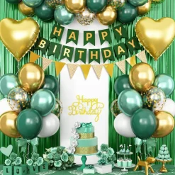 Green Birthday Decorations,Happy Birthday Banner Emerald Green and Gold Balloons Fringe Curtain Heart Foil Balloons for Women Men Party Decor
