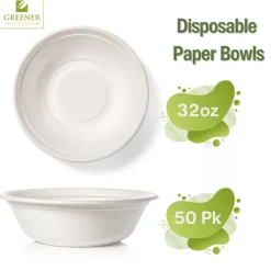 Greener Settings 32 oz Compostable Paper Bowls, 50-Pack – Heavy-Duty Bagasse, Biodegradable, Microwavable, Freezer Safe, Leak-Resistant, Eco-Friendly for Hot and Cold Foods