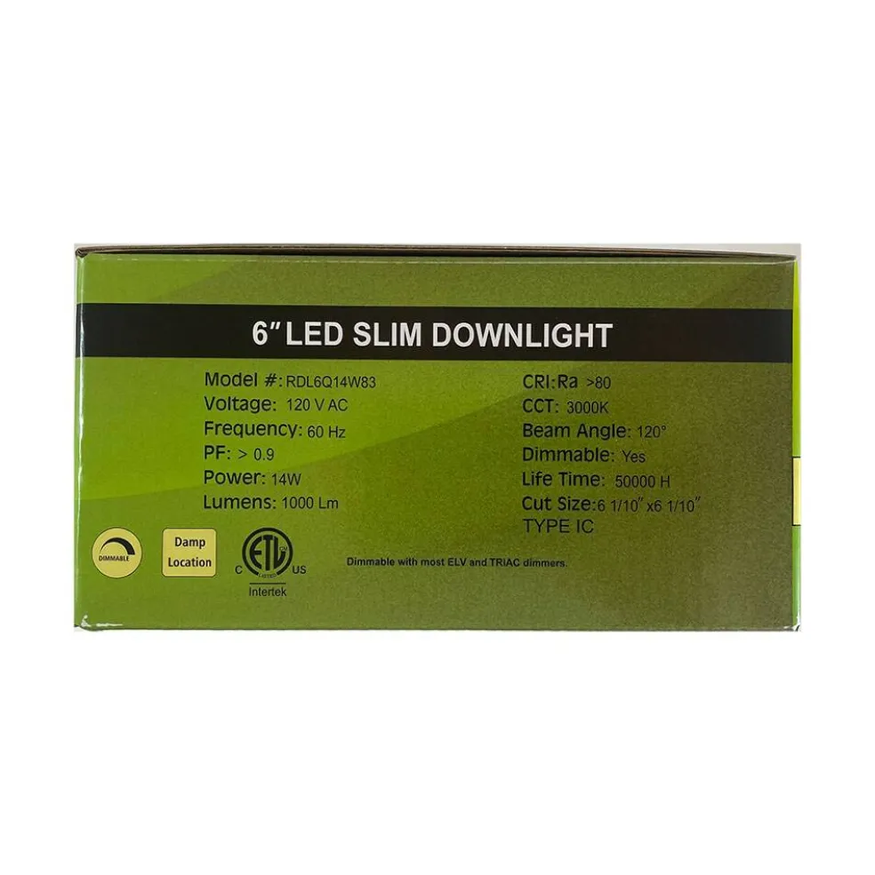GreenLux 6-in 14w LED Square Slim Downlight 3000K Warm White 120v Dimmable