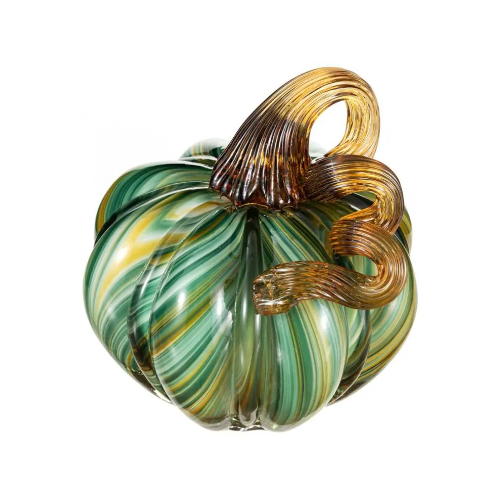 Green Striped Handcrafted Glass Pumpkin – Small & Medium Sizes for Fall Decor