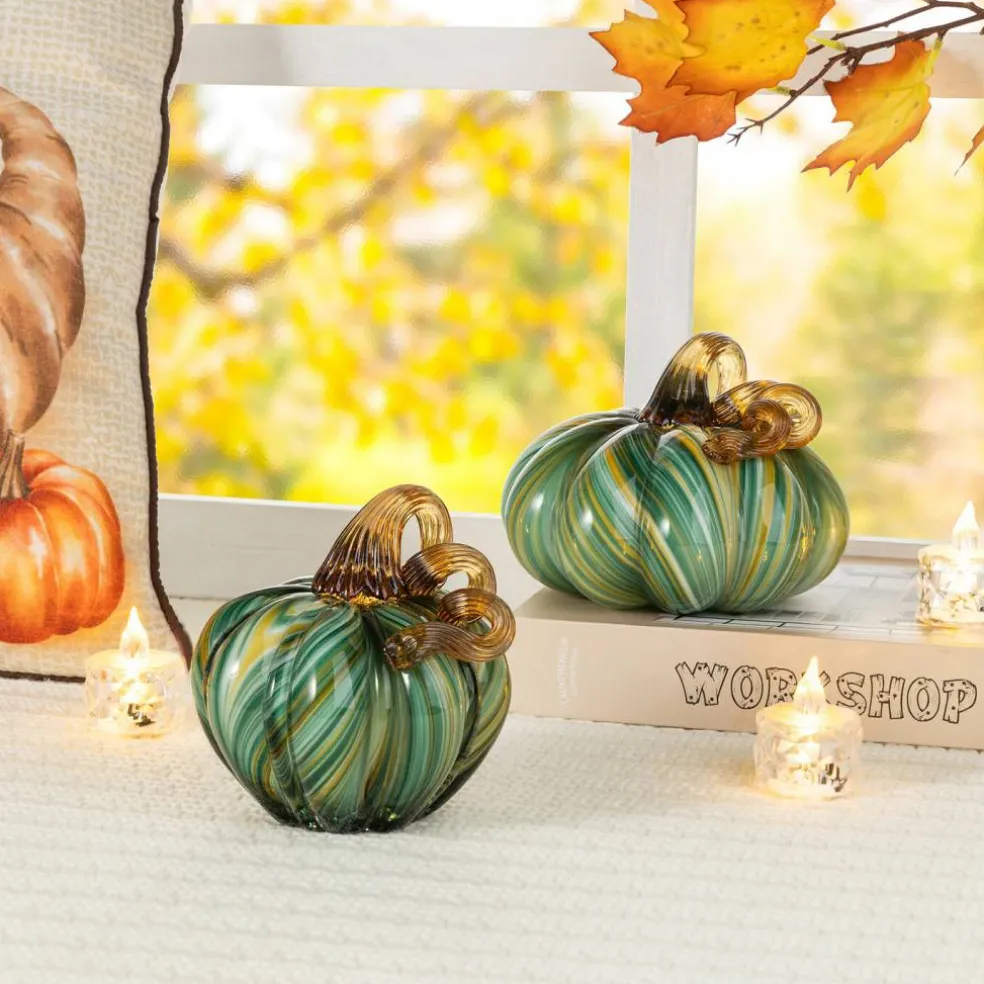 Green Striped Handcrafted Glass Pumpkin – Small & Medium Sizes for Fall Decor