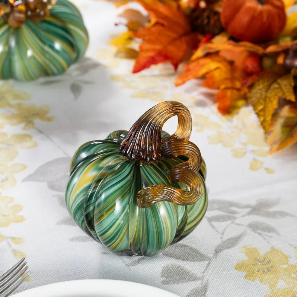 Green Striped Handcrafted Glass Pumpkin – Small & Medium Sizes for Fall Decor