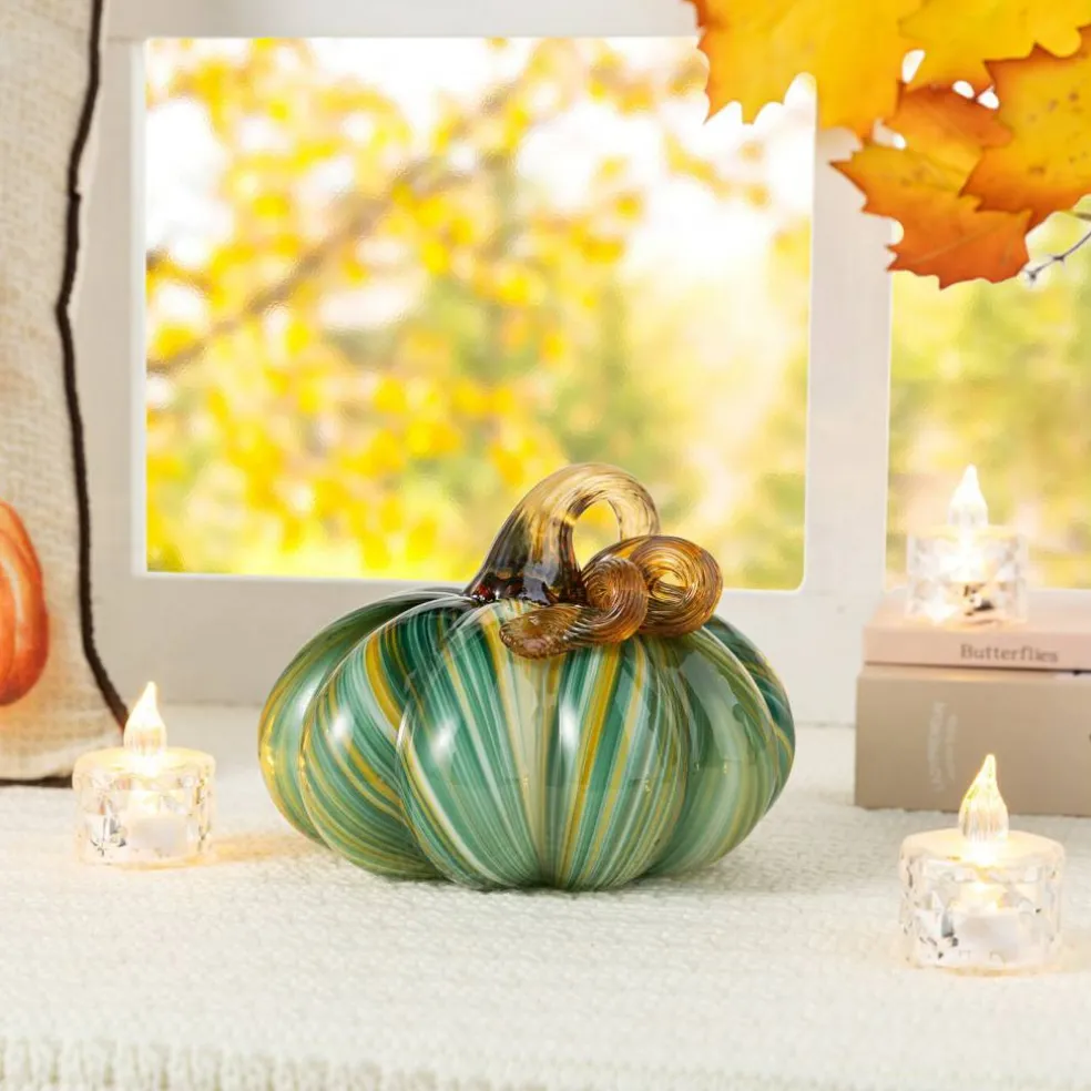 Green Striped Handcrafted Glass Pumpkin – Small & Medium Sizes for Fall Decor