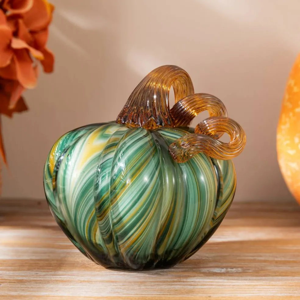 Green Striped Handcrafted Glass Pumpkin – Small & Medium Sizes for Fall Decor