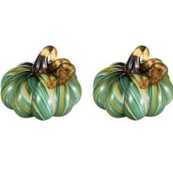 Green Striped Handcrafted Glass Pumpkin – Small & Medium Sizes for Fall Decor