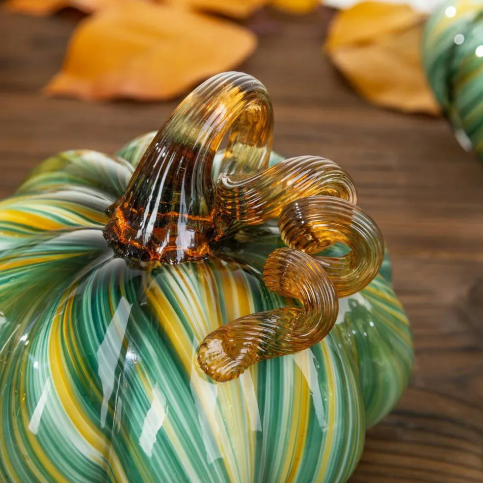 Green Striped Handcrafted Glass Pumpkin – Small & Medium Sizes for Fall Decor