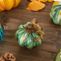 Green Striped Handcrafted Glass Pumpkin – Small & Medium Sizes for Fall Decor
