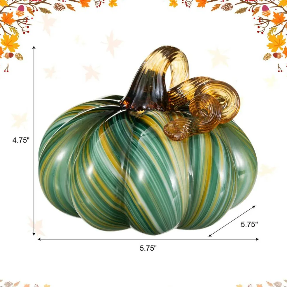 Green Striped Handcrafted Glass Pumpkin – Small & Medium Sizes for Fall Decor